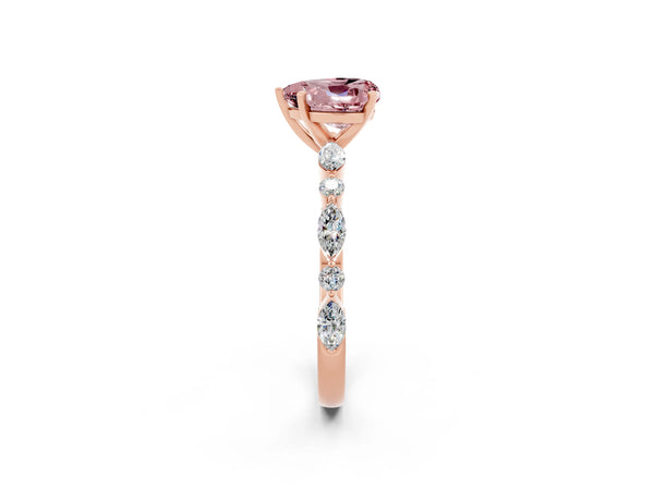 Rose gold Heart Cut Morganite Ring with Marquise and Round  Side Stones and Four-Prong Setting