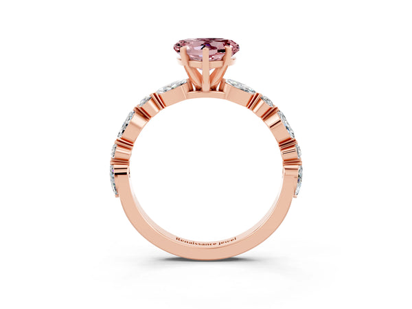 Rose gold Heart Cut Morganite Ring with Marquise and Round  Side Stones and Four-Prong Setting