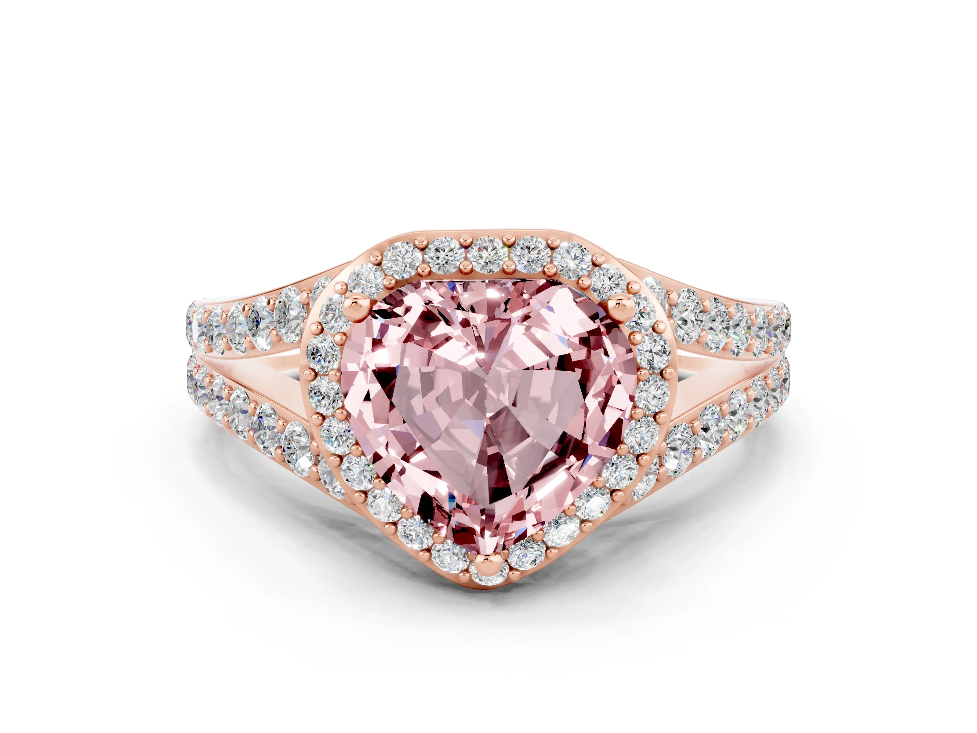 Rose gold Heart Cut Morganite Split Shank Halo Ring with Four-Prong Setting_12