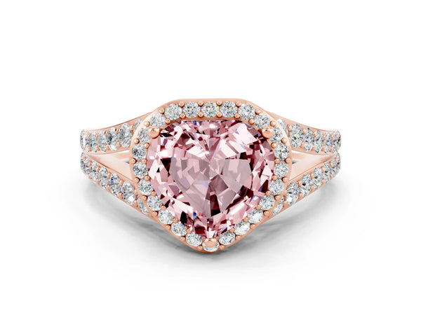 Rose gold Heart Cut Morganite Split Shank Halo Ring with Four-Prong Setting