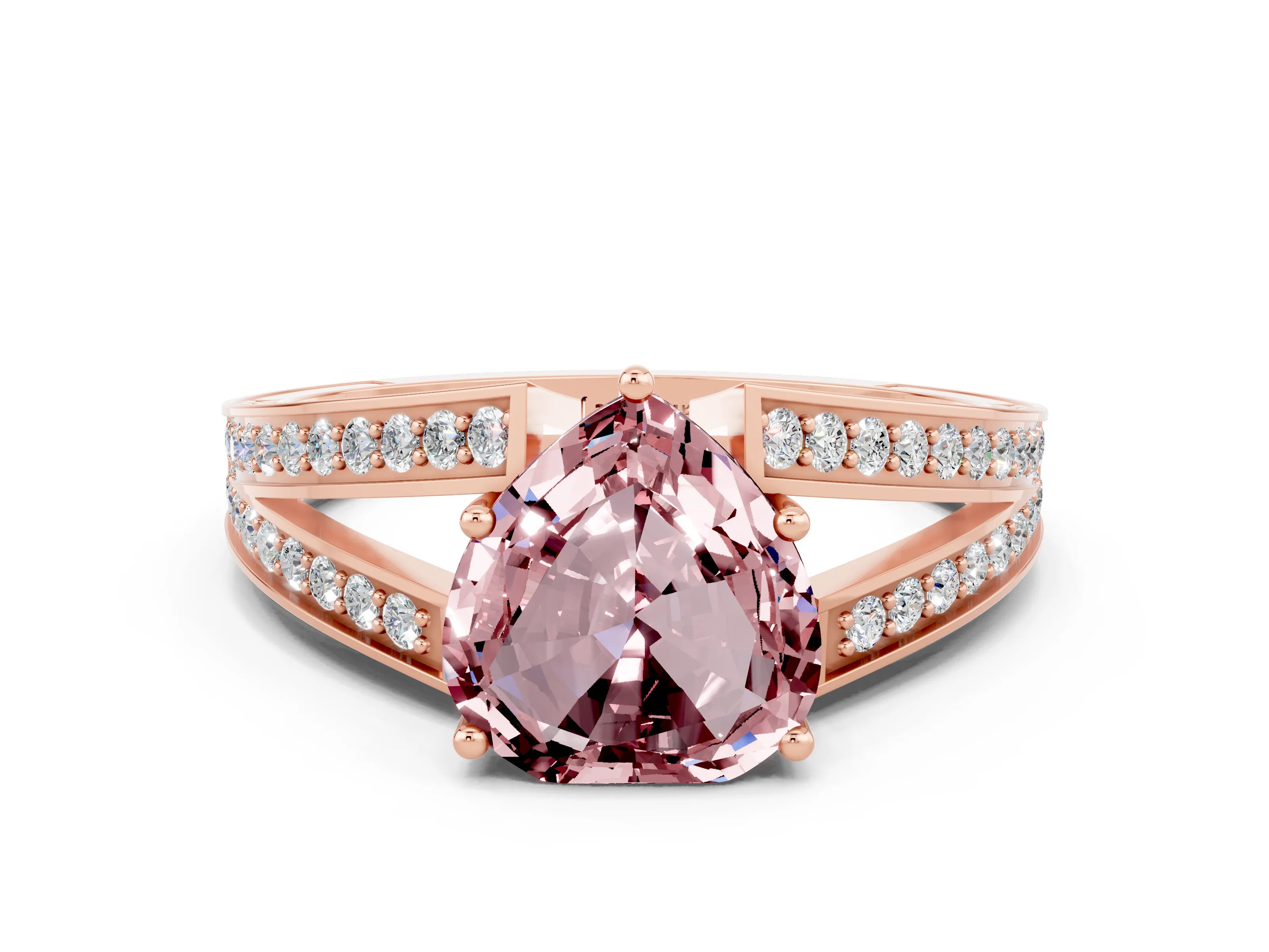 Rose gold Heart Cut Morganite Split Shank Ring with Pavé Band and Four-Prong Setting