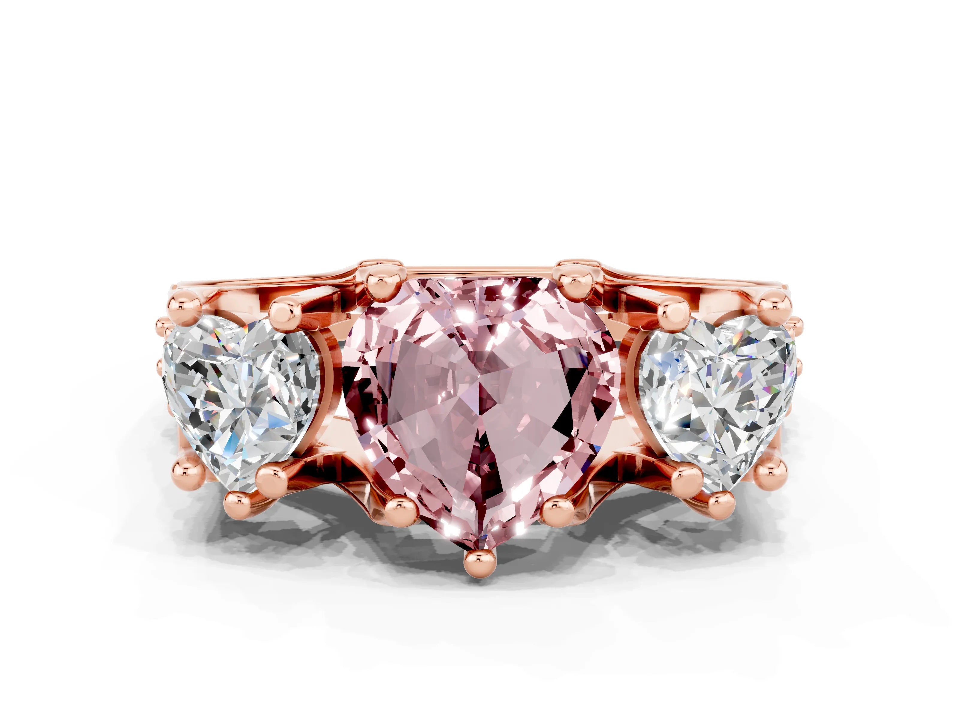 Rose gold Heart Cut Morganite Three-Stone Ring with Channel Set Band and Four-Prong Setting