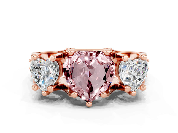 Rose gold Heart Cut Morganite Three-Stone Ring with Channel Set Band and Four-Prong Setting