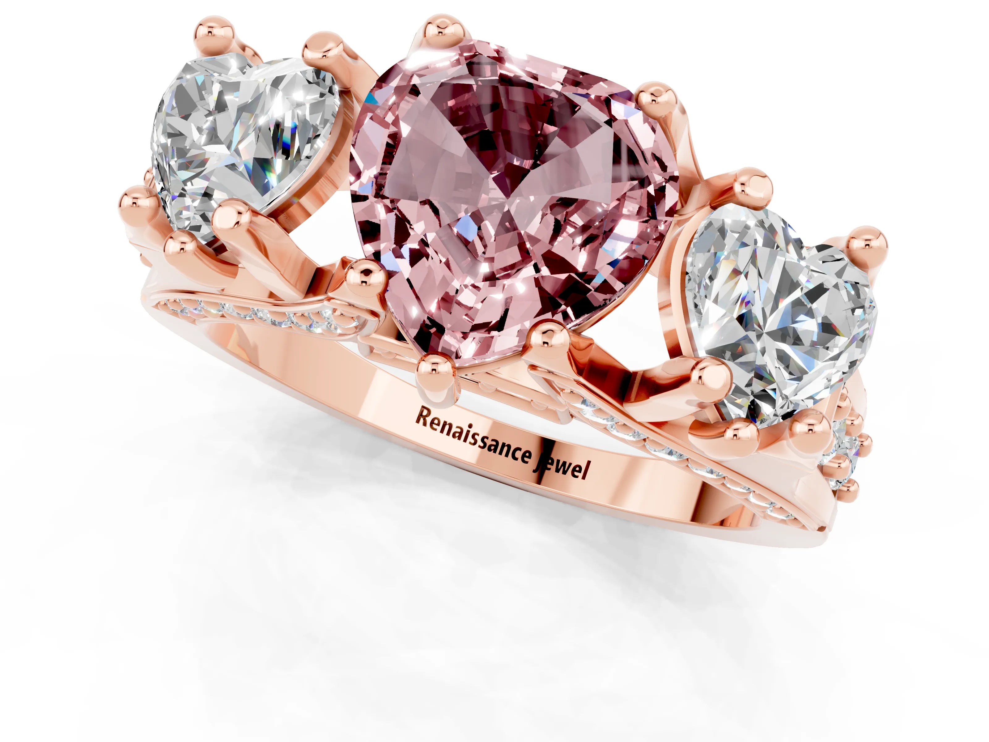 Rose gold Heart Cut Morganite Three-Stone Ring with Channel Set Band and Four-Prong Setting_1