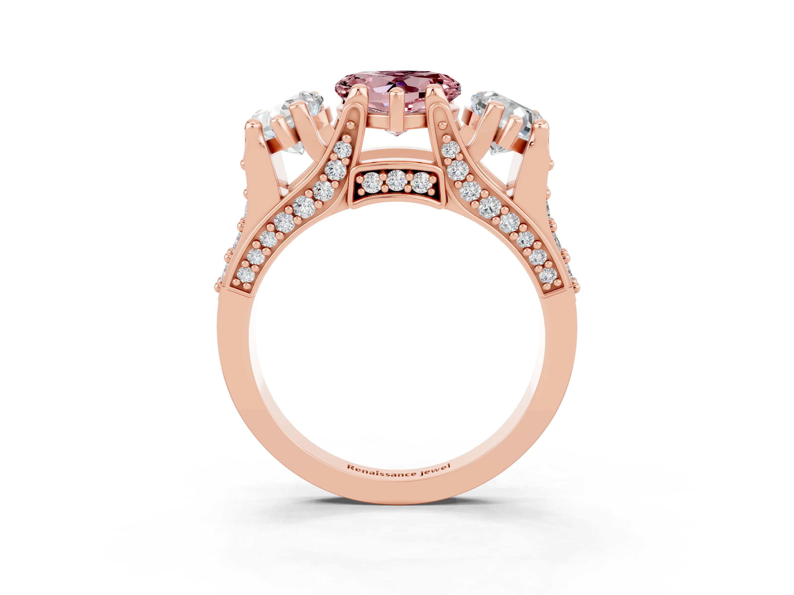 Rose gold Heart Cut Morganite Three-Stone Ring with Channel Set Band and Four-Prong Setting_3