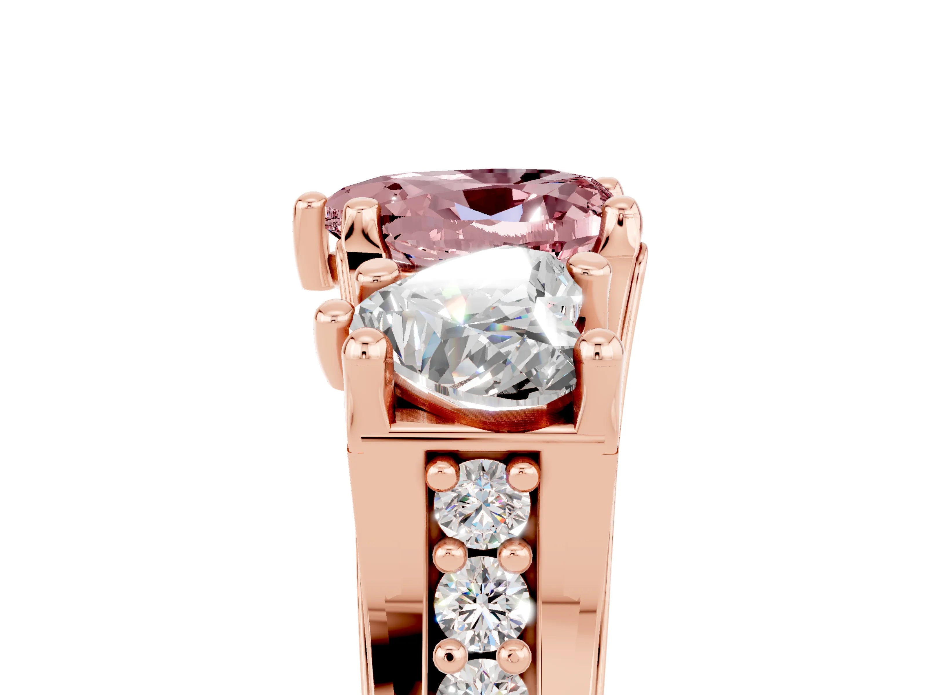 Rose gold Heart Cut Morganite Three-Stone Ring with Channel Set Band and Four-Prong Setting_5