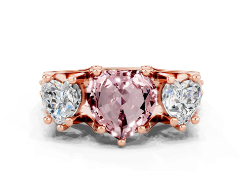 Rose gold Heart Cut Morganite Three-Stone Ring with Channel Set Band and Four-Prong Setting