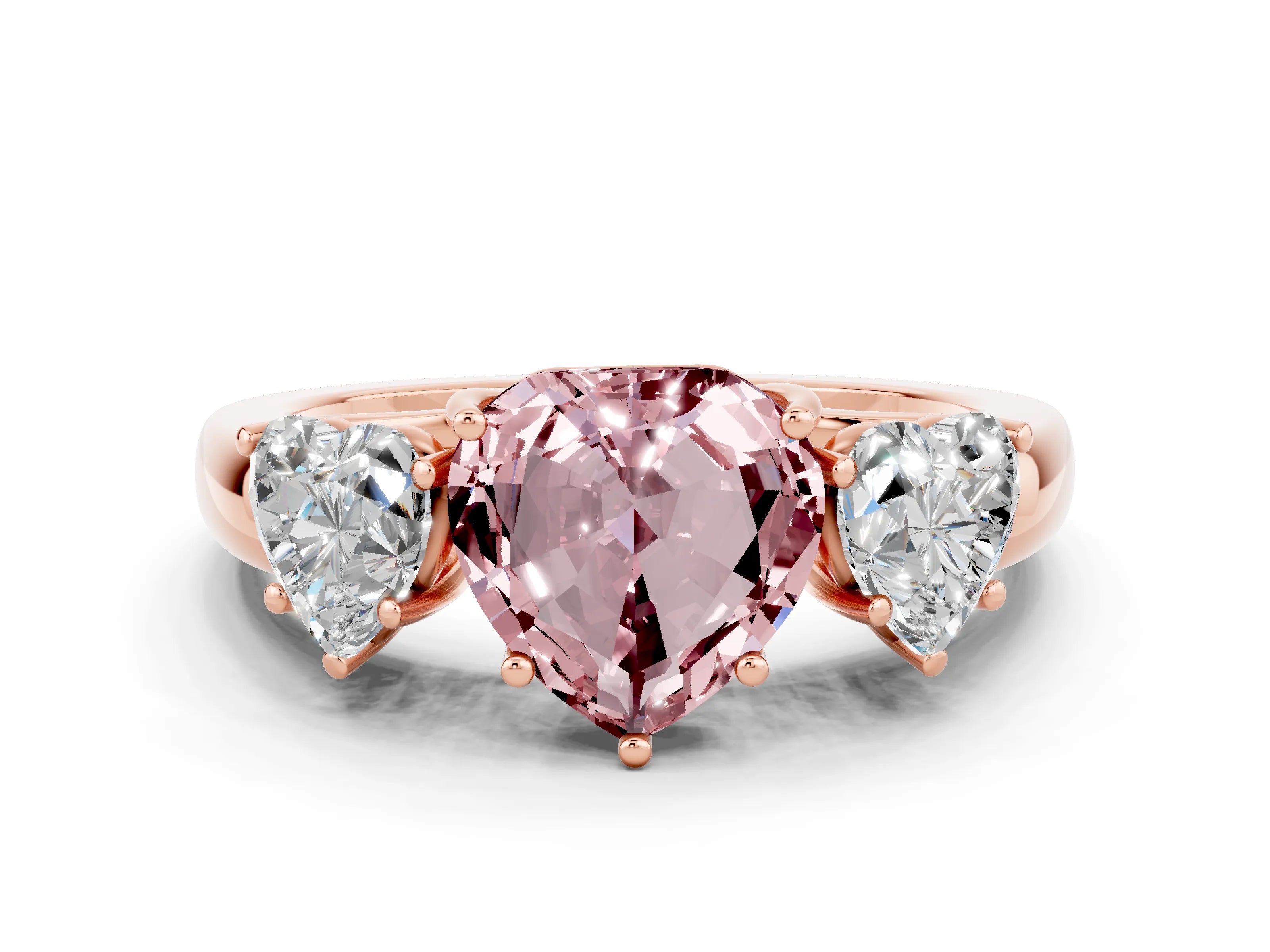 Rose gold Heart Cut Morganite Three-Stone Ring with Four-Prong Setting and Classic Band