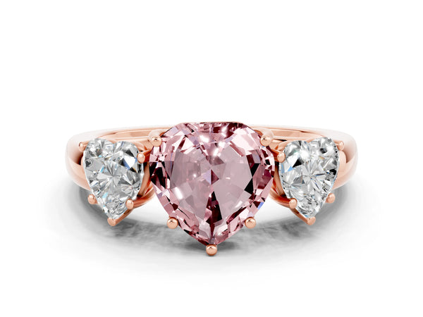 Rose gold Heart Cut Morganite Three-Stone Ring with Four-Prong Setting and Classic Band