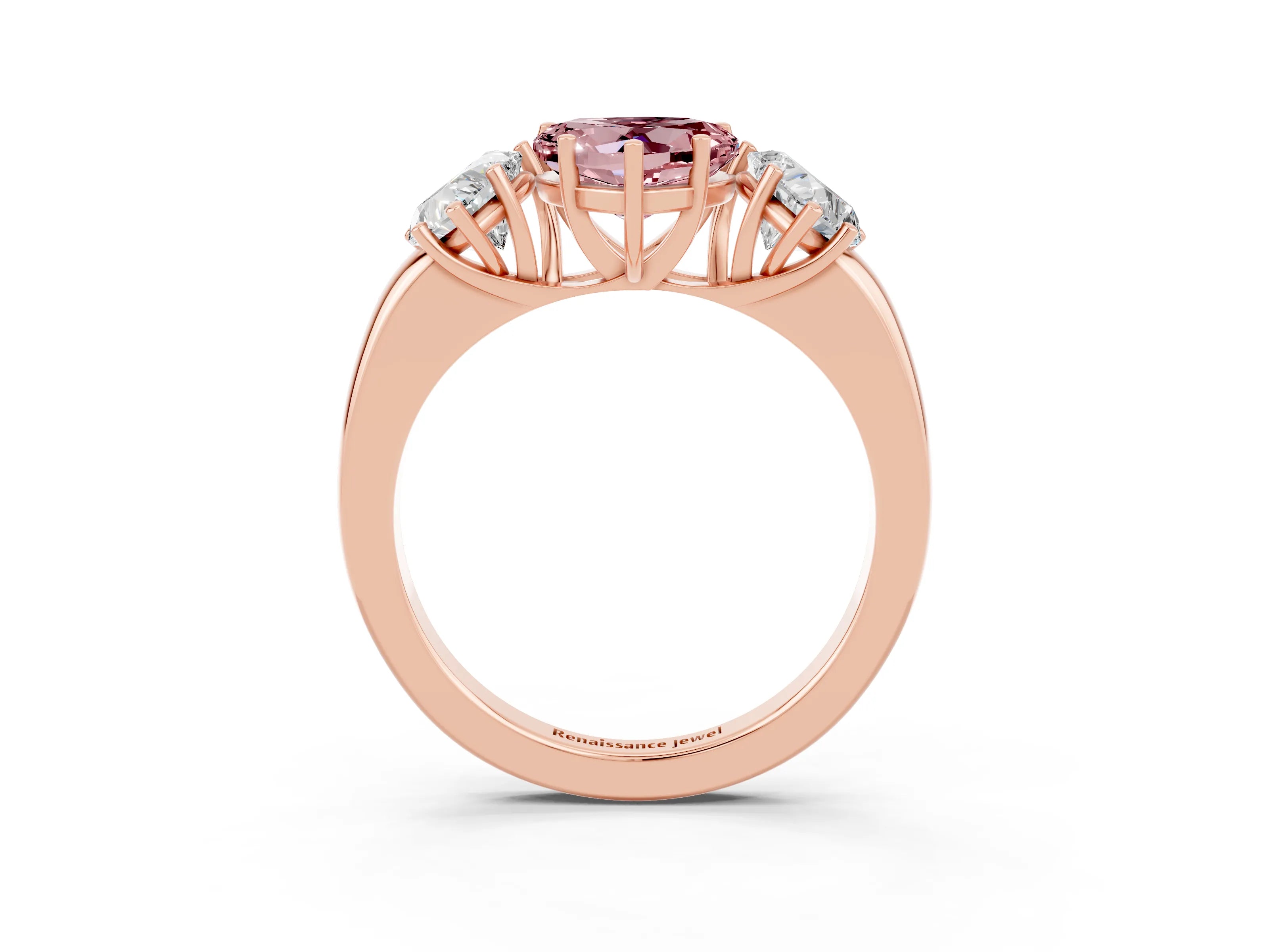 Rose gold Heart Cut Morganite Three-Stone Ring with Four-Prong Setting and Classic Band_3