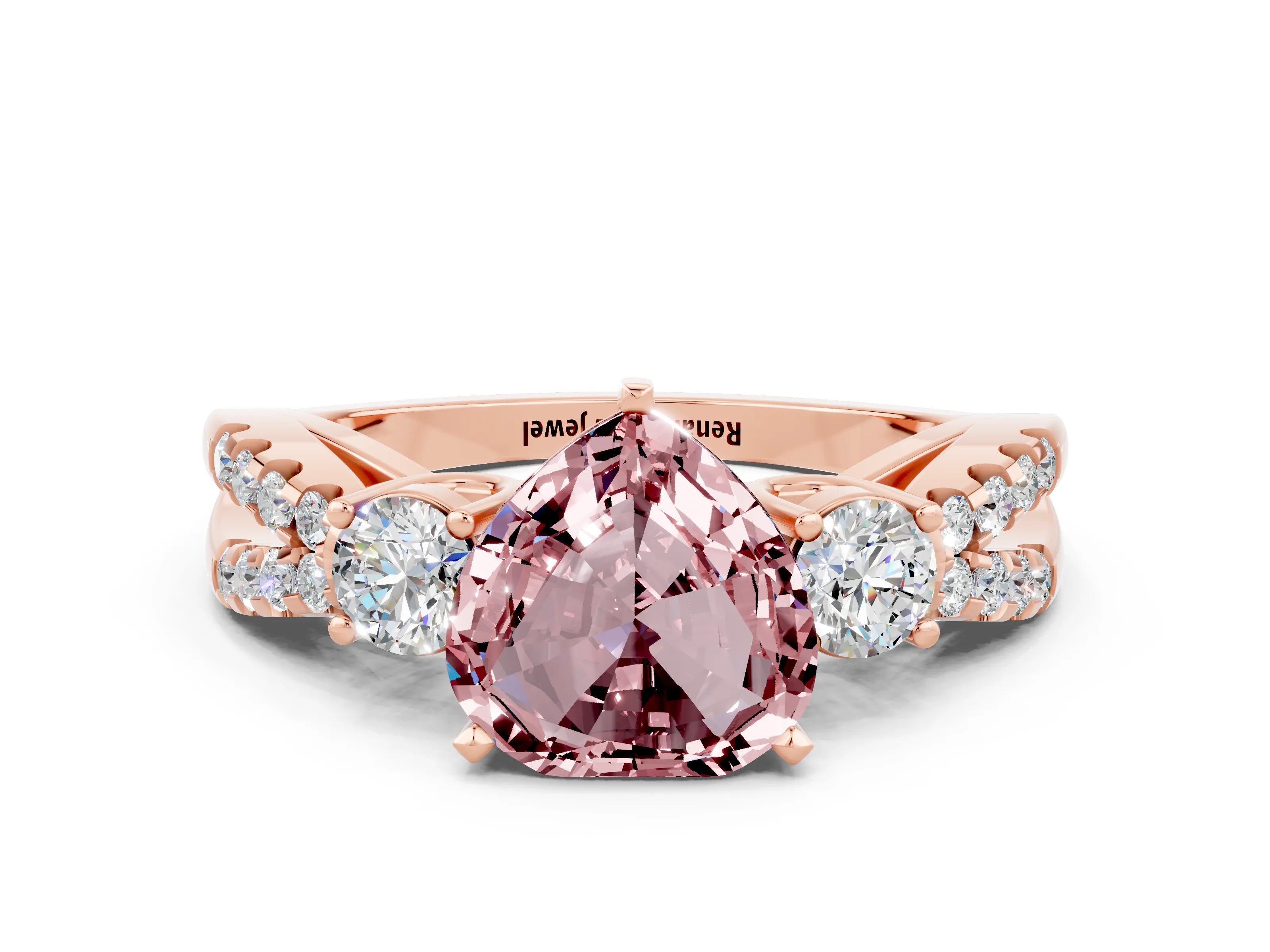 Rose gold Heart Cut Morganite Three-Stone Ring with Pavé Split Shank and Four-Prong Setting