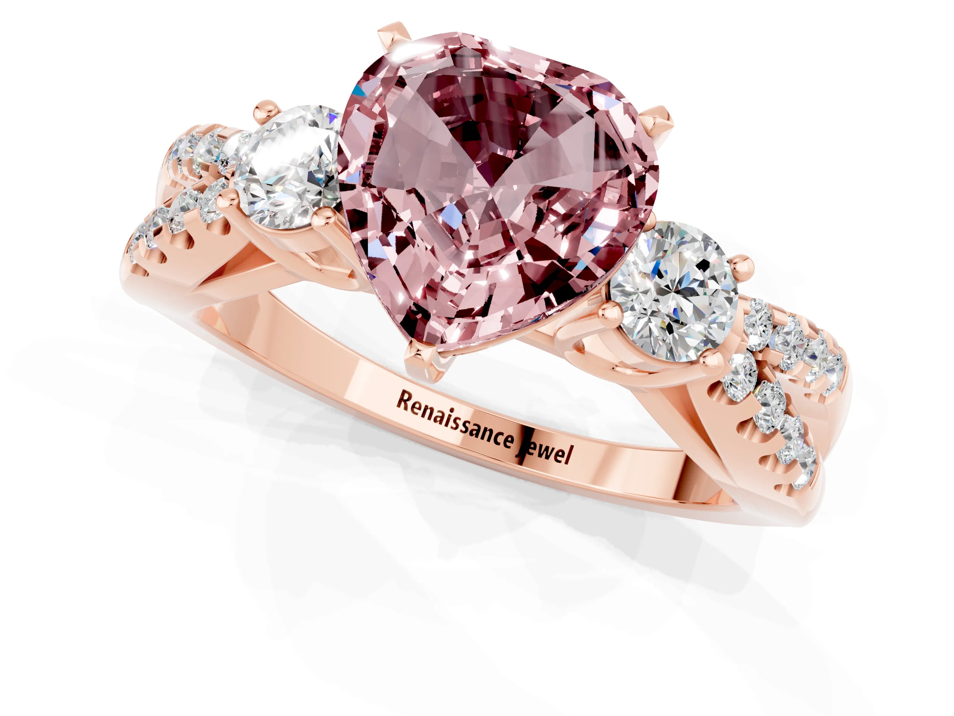 Rose gold Heart Cut Morganite Three-Stone Ring with Pavé Split Shank and Four-Prong Setting_1