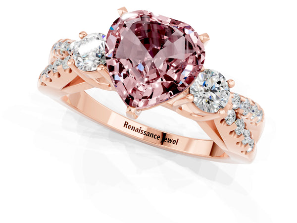 Rose gold Heart Cut Morganite Three-Stone Ring with Pavé Split Shank and Four-Prong Setting