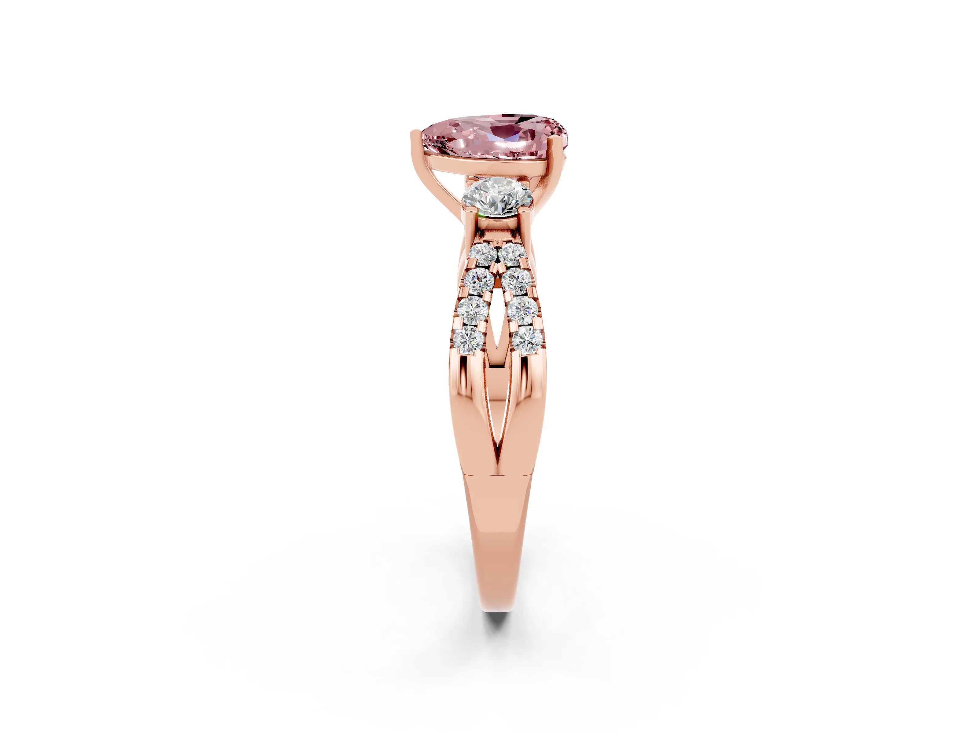 Rose gold Heart Cut Morganite Three-Stone Ring with Pavé Split Shank and Four-Prong Setting_2