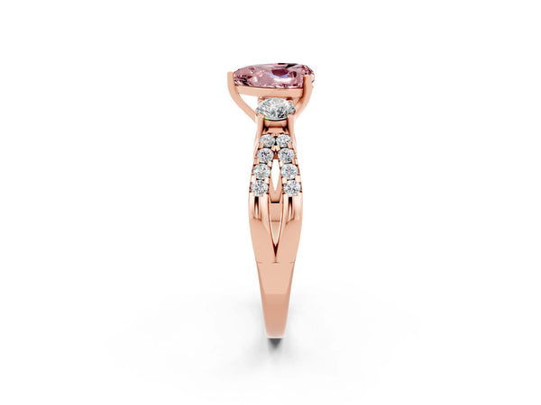 Rose gold Heart Cut Morganite Three-Stone Ring with Pavé Split Shank and Four-Prong Setting