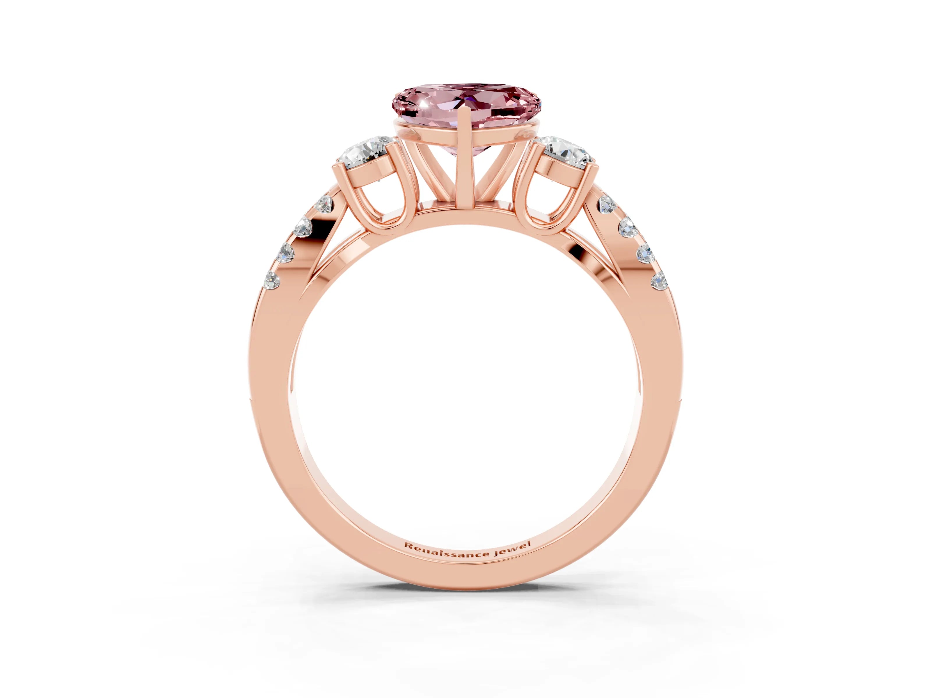 Rose gold Heart Cut Morganite Three-Stone Ring with Pavé Split Shank and Four-Prong Setting_3