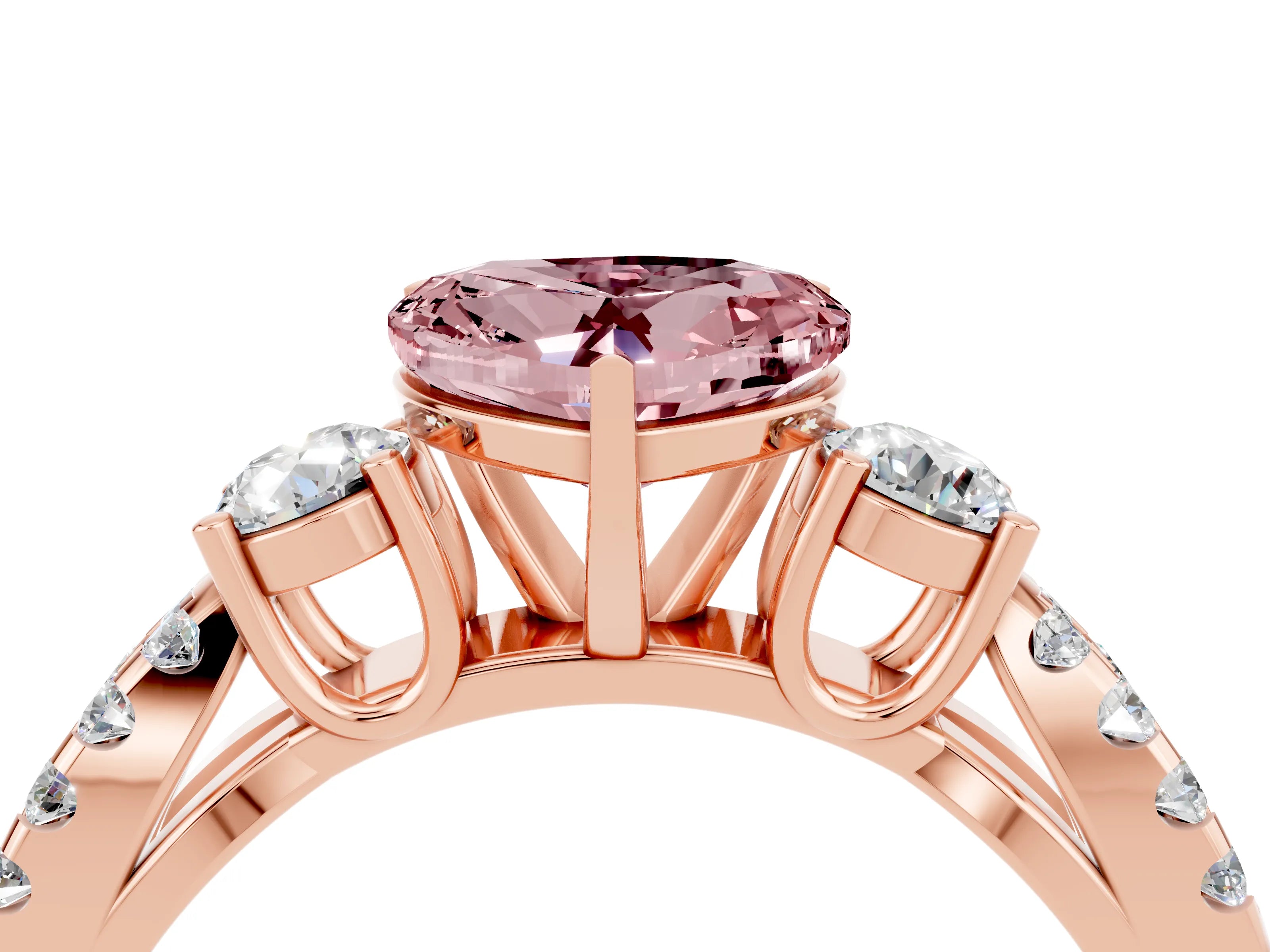 Rose gold Heart Cut Morganite Three-Stone Ring with Pavé Split Shank and Four-Prong Setting_4