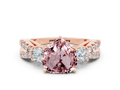 Rose gold Heart Cut Morganite Three-Stone Ring with Pavé Split Shank and Four-Prong Setting