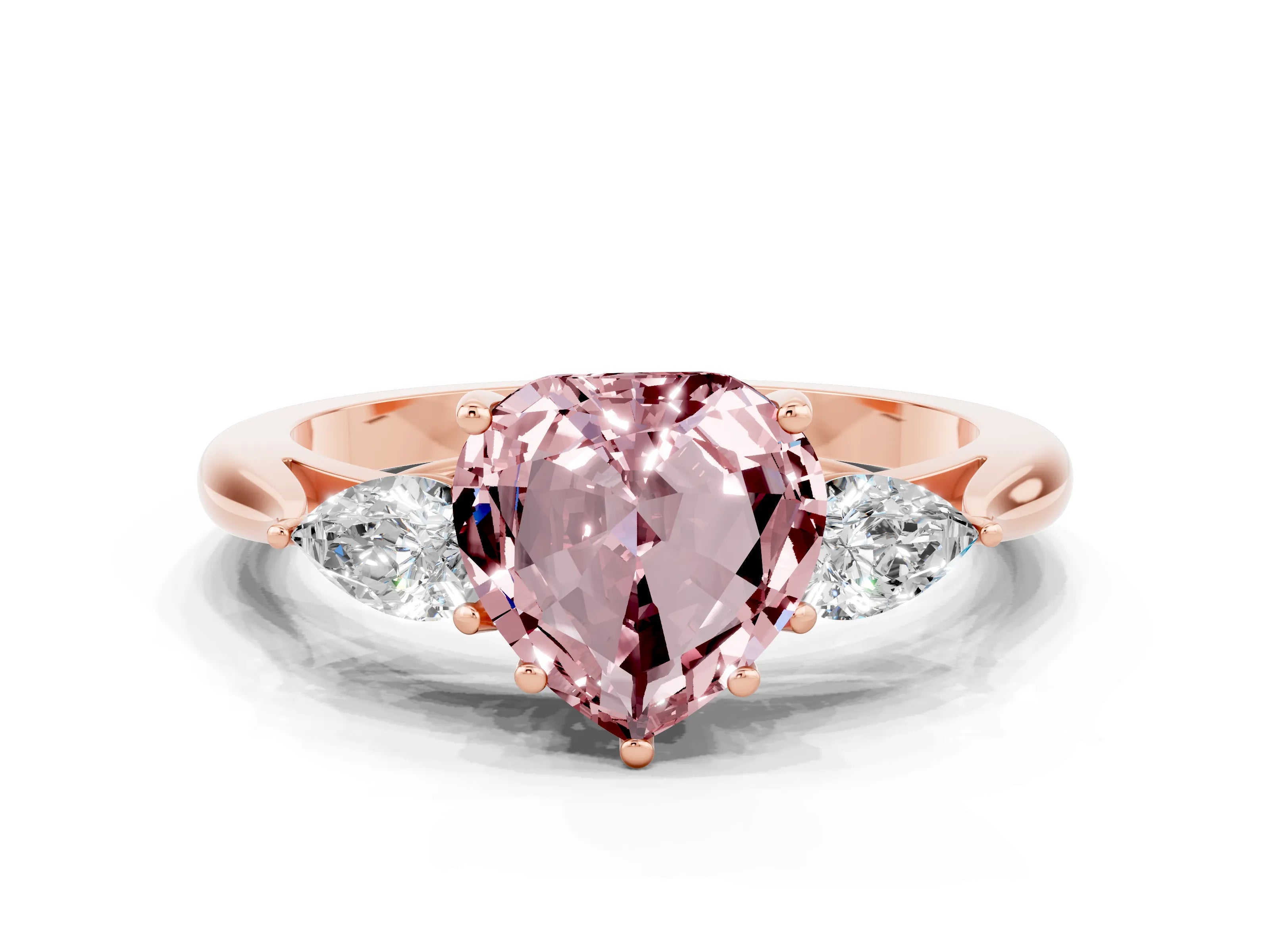 Rose gold Heart Cut Morganite Three-Stone Ring with Pear Side Stones and Four-Prong Setting_12
