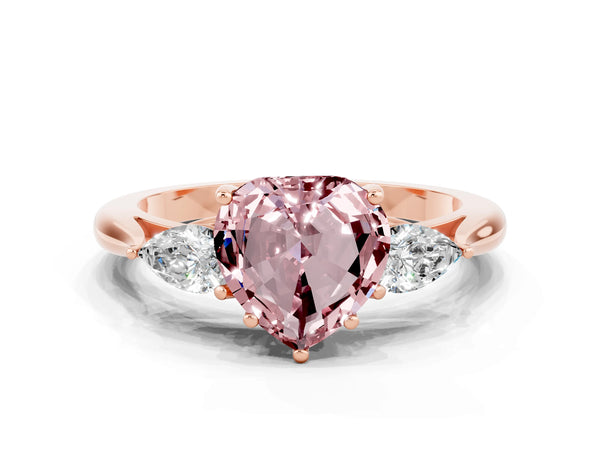 Rose gold Heart Cut Morganite Three-Stone Ring with Pear  Side Stones and Prong Setting