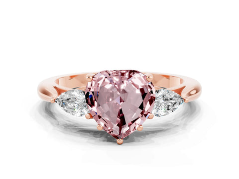 Rose gold Heart Cut Morganite Three-Stone Ring with Pear Side Stones and Four-Prong Setting_12