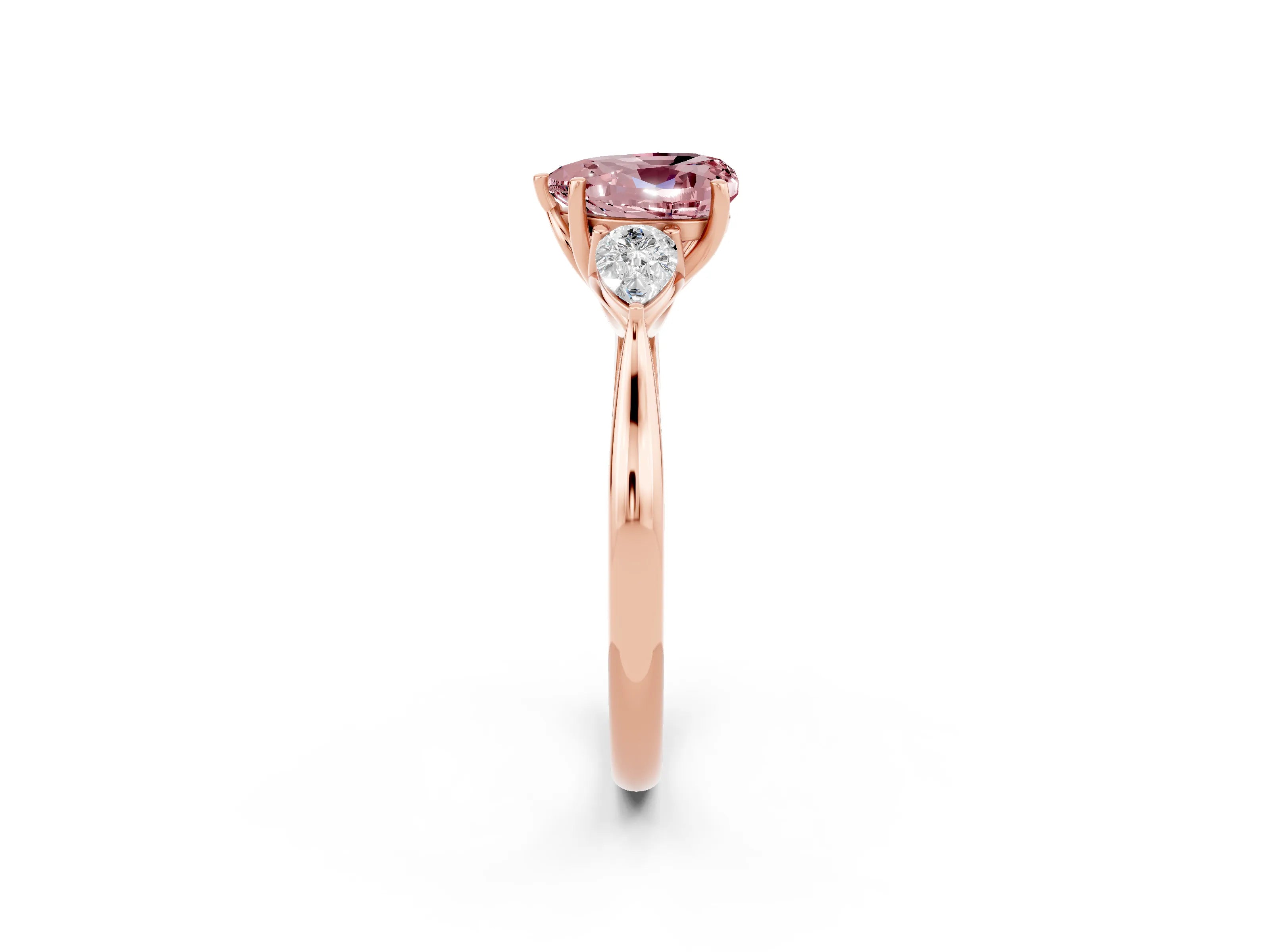 Rose gold Heart Cut Morganite Three-Stone Ring with Pear Side Stones and Four-Prong Setting_14
