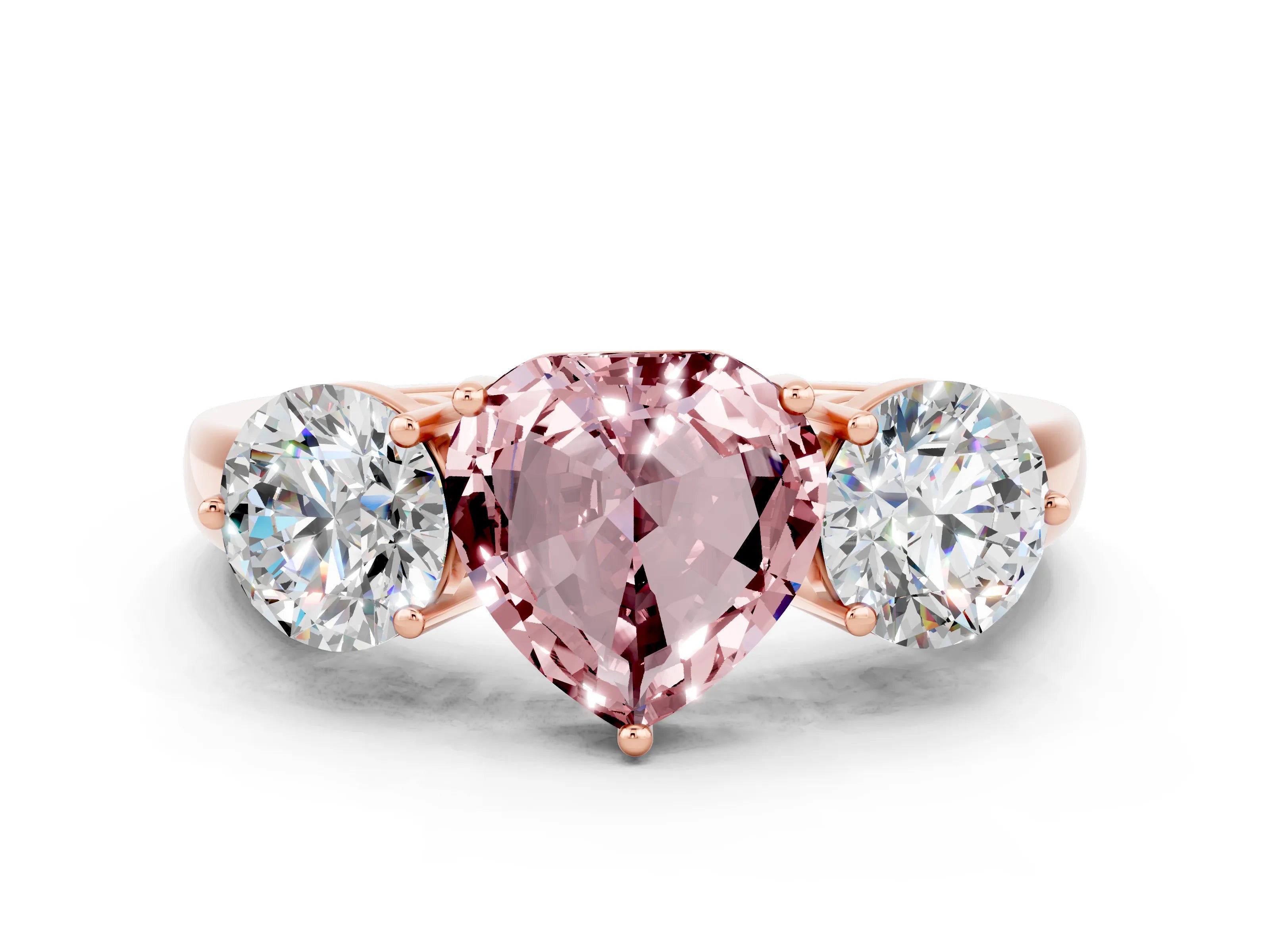 Rose gold Heart Cut Morganite Three-Stone Ring with Prong Setting and Classic Band