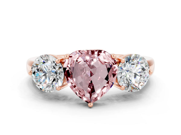 Rose gold Heart Cut Morganite Three-Stone Ring with Prong Setting and Classic Band