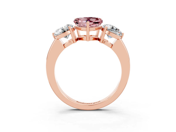 Rose gold Heart Cut Morganite Three-Stone Ring with Prong Setting and Classic Band