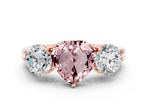 Rose gold Heart Cut Morganite Three-Stone Ring with Prong Setting and Classic Band