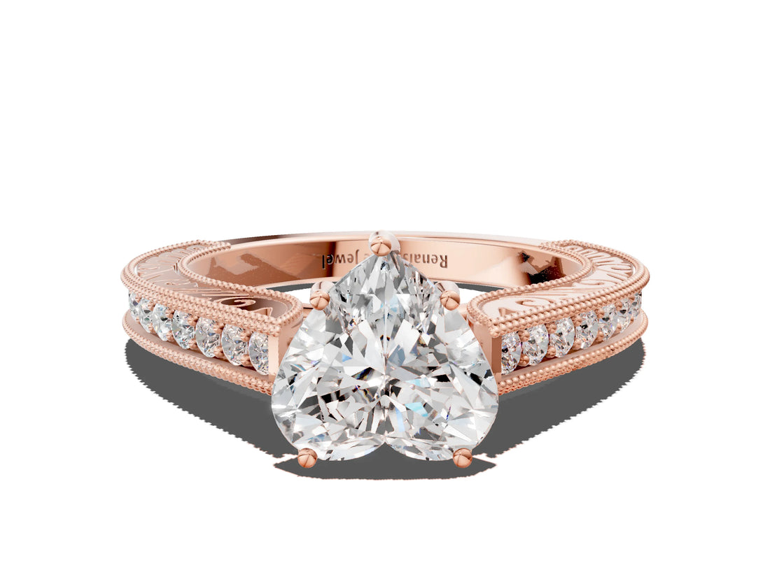 Rose gold Heart Cut Pave Band Milgrain Solitaire Ring_6