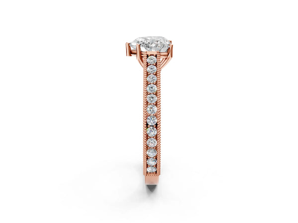 Rose Gold Heart-Shaped Vintage Solitaire Engagement Ring Setting with Engraved Milgrain Pave Band