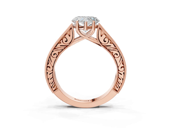 Rose Gold Heart-Shaped Vintage Solitaire Engagement Ring Setting with Engraved Milgrain Pave Band