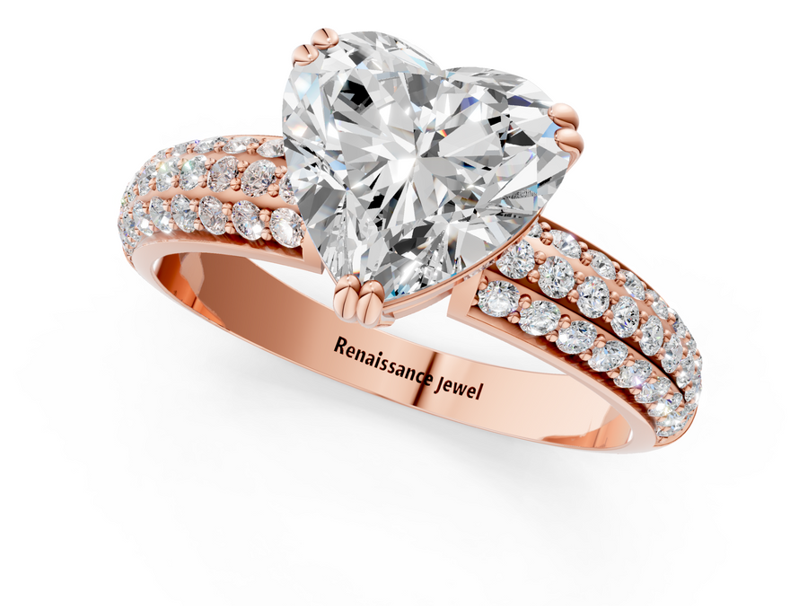 Rose gold Heart Cut Pave Diamond Engagement Ring with Channel Set Band and Four-Prong Setting