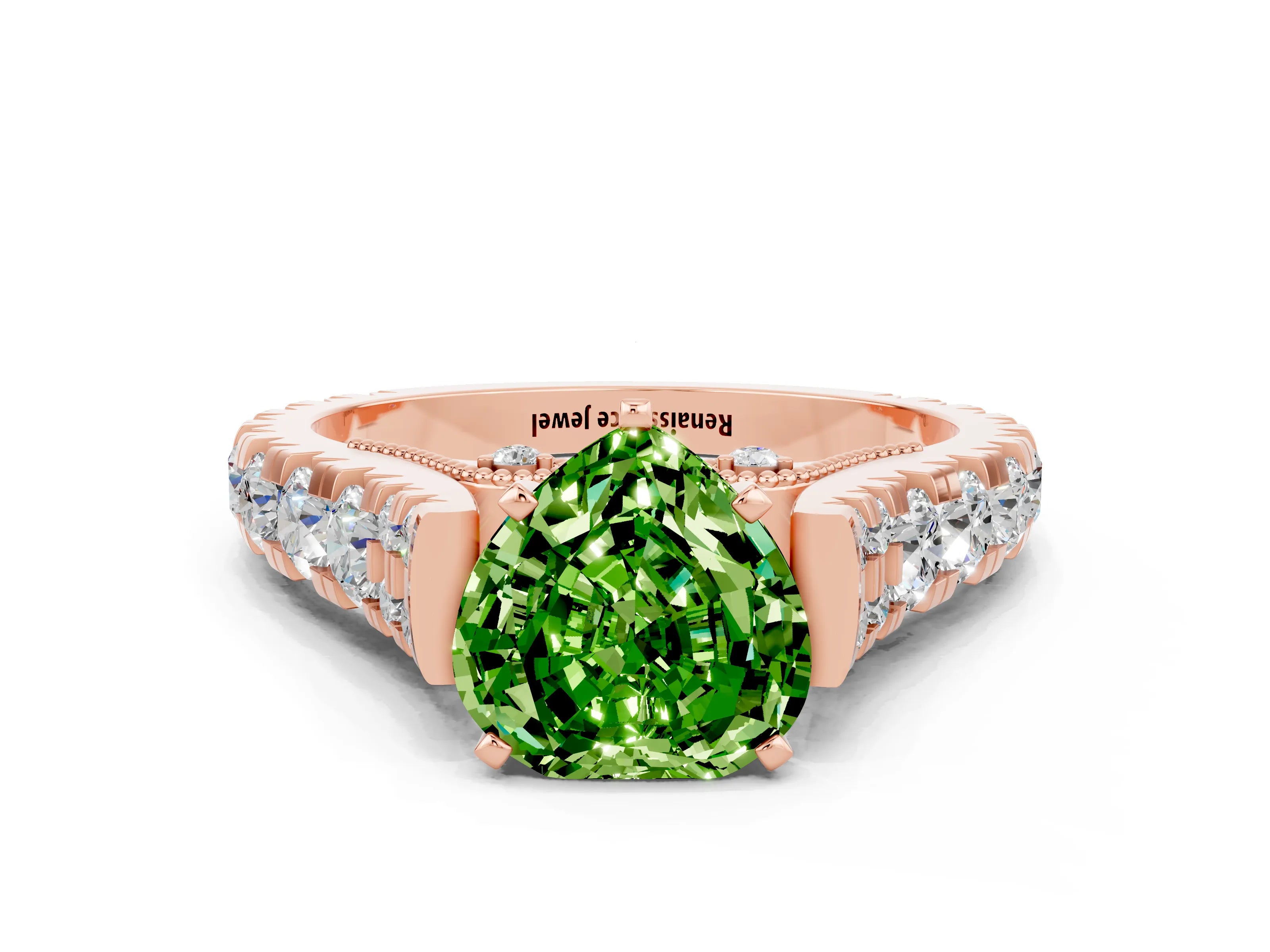 Rose gold Heart Cut Peridot Classic Solitaire Ring with Pavé Band and Four-Prong Setting
