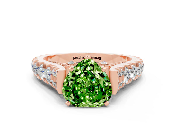 Rose gold Heart Cut Peridot Classic Solitaire Ring with Pavé Band and Four-Prong Setting