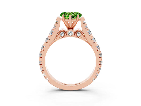 Rose gold Heart Cut Peridot Classic Solitaire Ring with Pavé Band and Four-Prong Setting