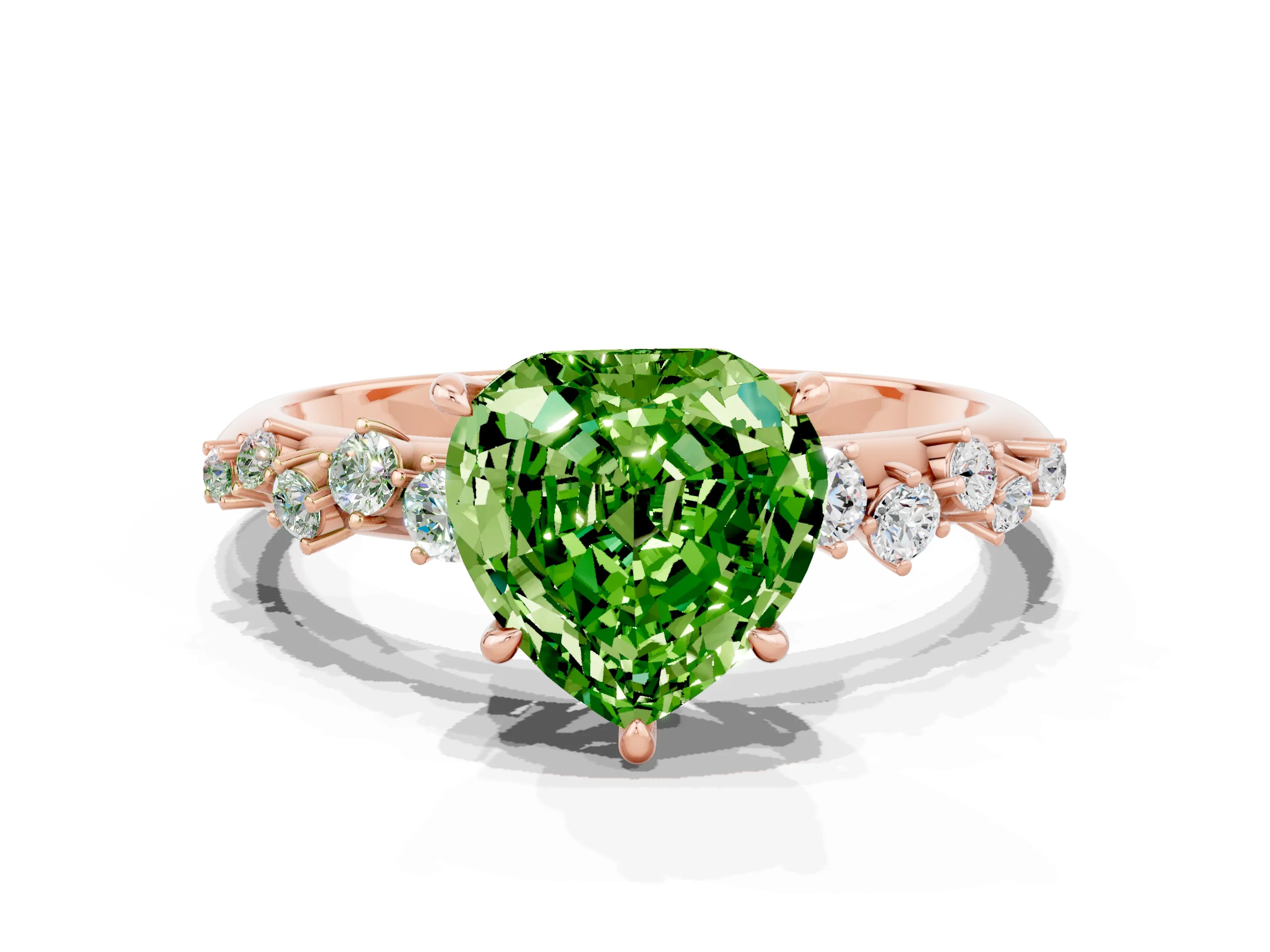 Rose gold Heart Cut Peridot Cluster Side Stone Solitaire Ring with Prong Setting_24