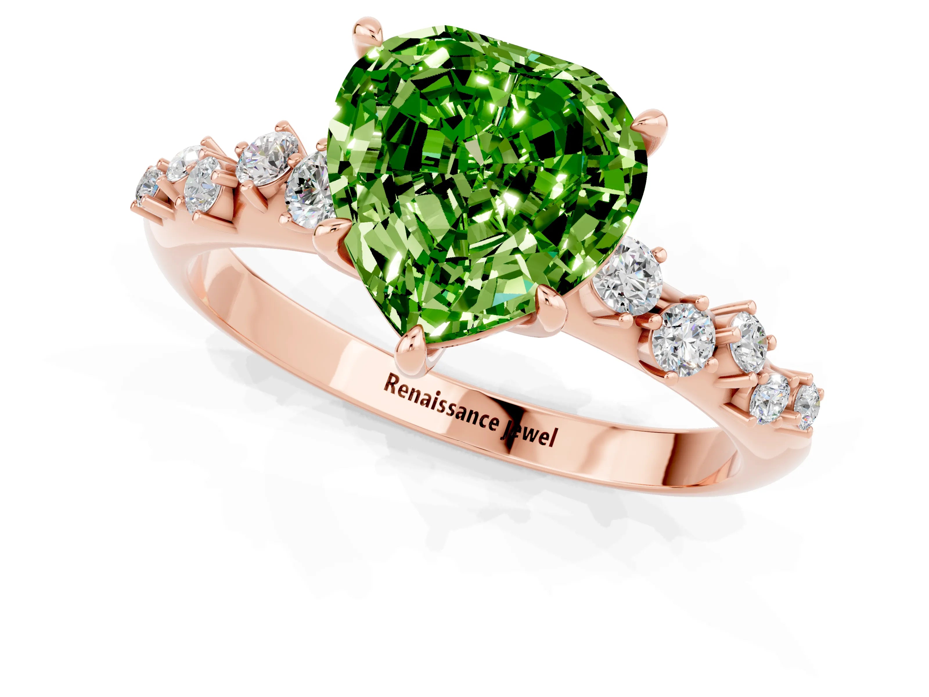 Rose gold Heart Cut Peridot Cluster Side Stone Solitaire Ring with Prong Setting_25
