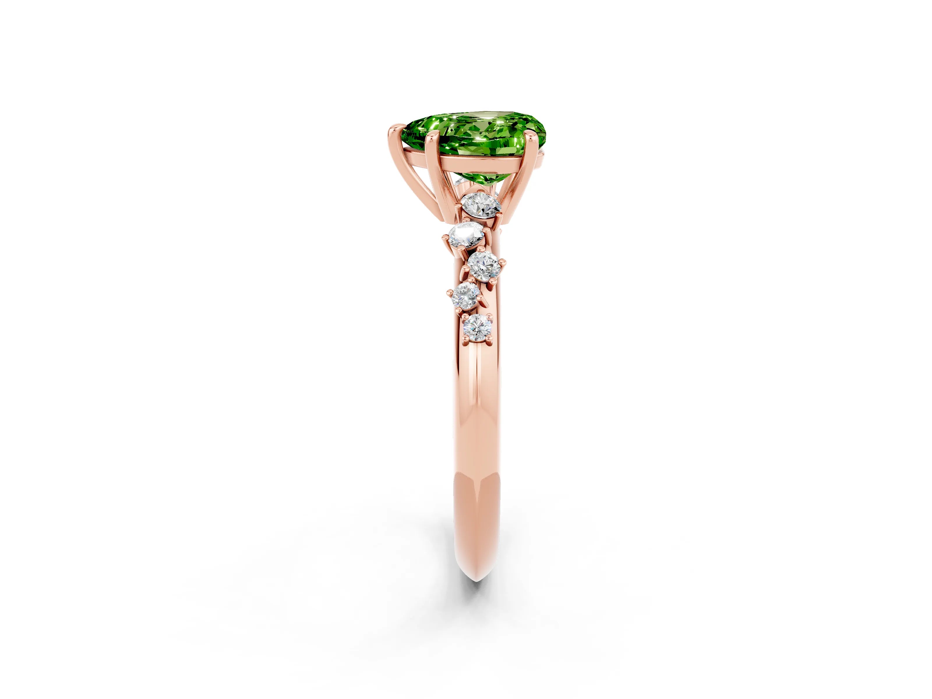 Rose gold Heart Cut Peridot Cluster Side Stone Solitaire Ring with Prong Setting_26