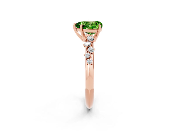 Rose gold Heart Cut Peridot Cluster Side Stone Solitaire Ring with Prong Setting