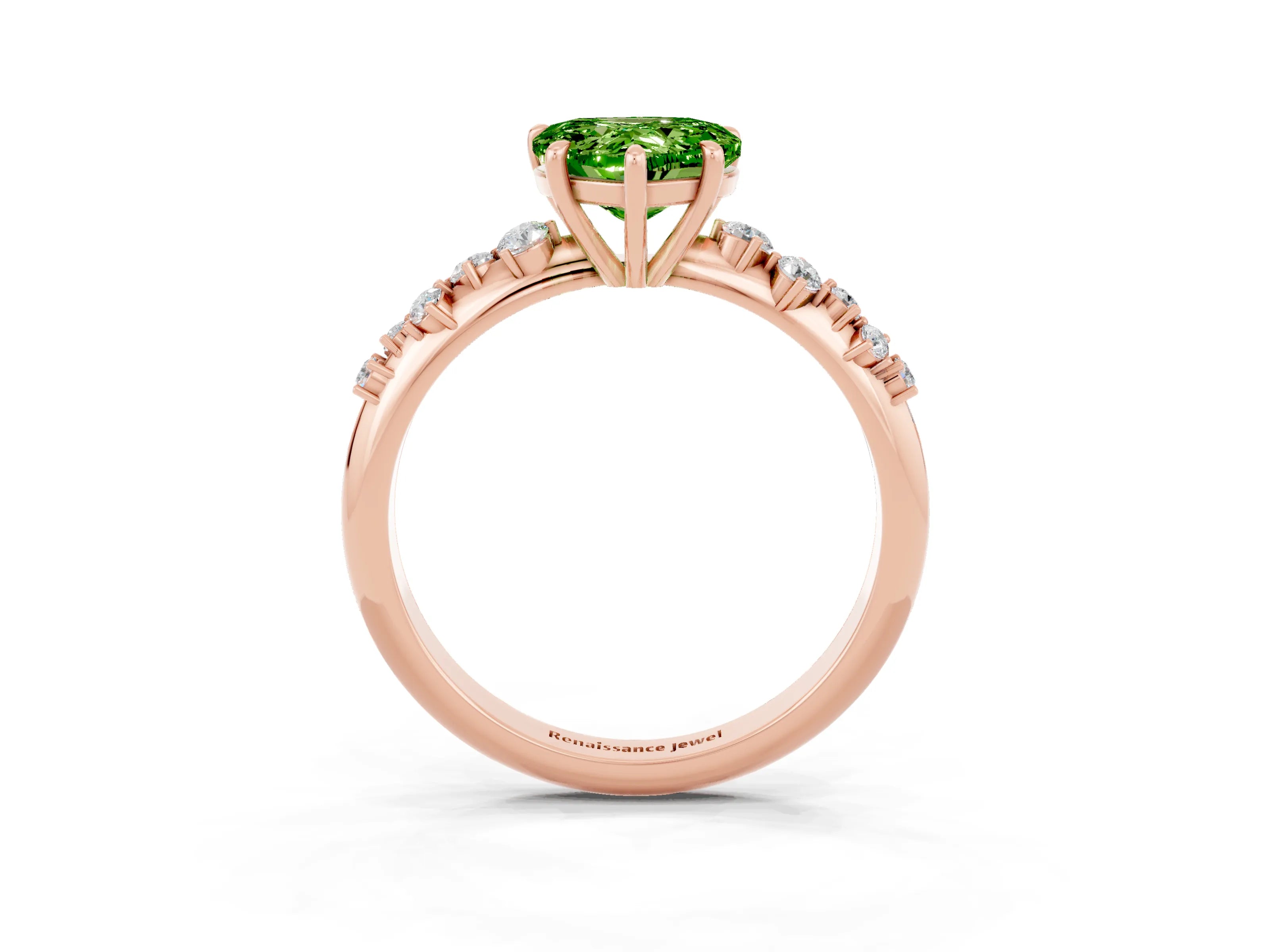 Rose gold Heart Cut Peridot Cluster Side Stone Solitaire Ring with Prong Setting_27