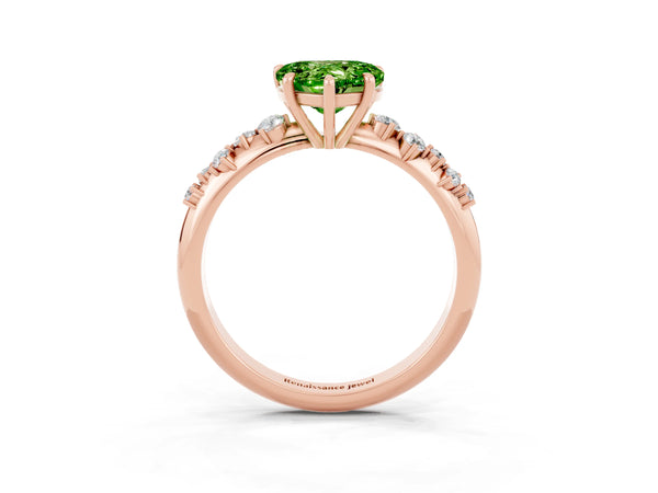 Rose gold Heart Cut Peridot Cluster Side Stone Solitaire Ring with Prong Setting