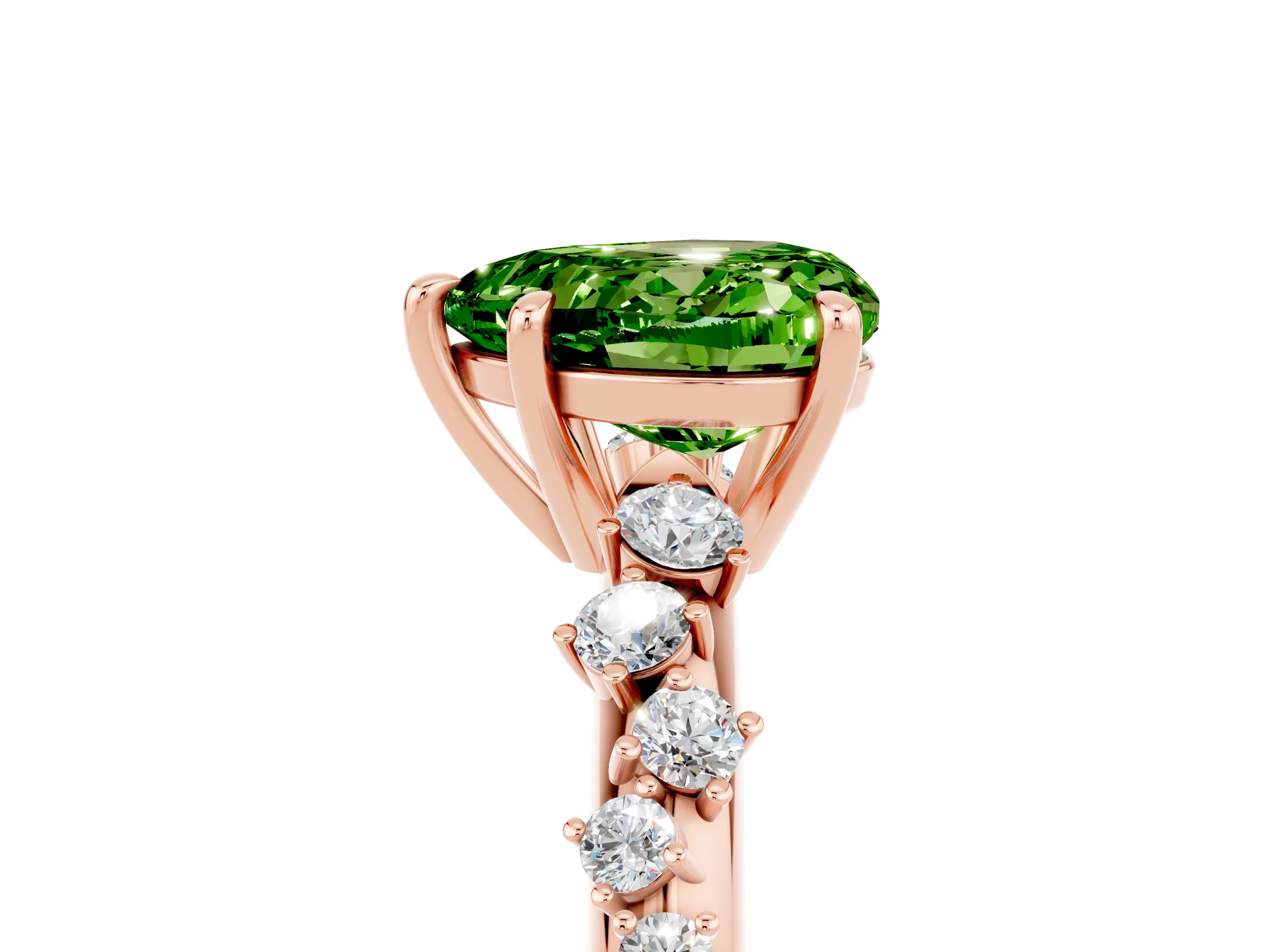 Rose gold Heart Cut Peridot Cluster Side Stone Solitaire Ring with Prong Setting_29