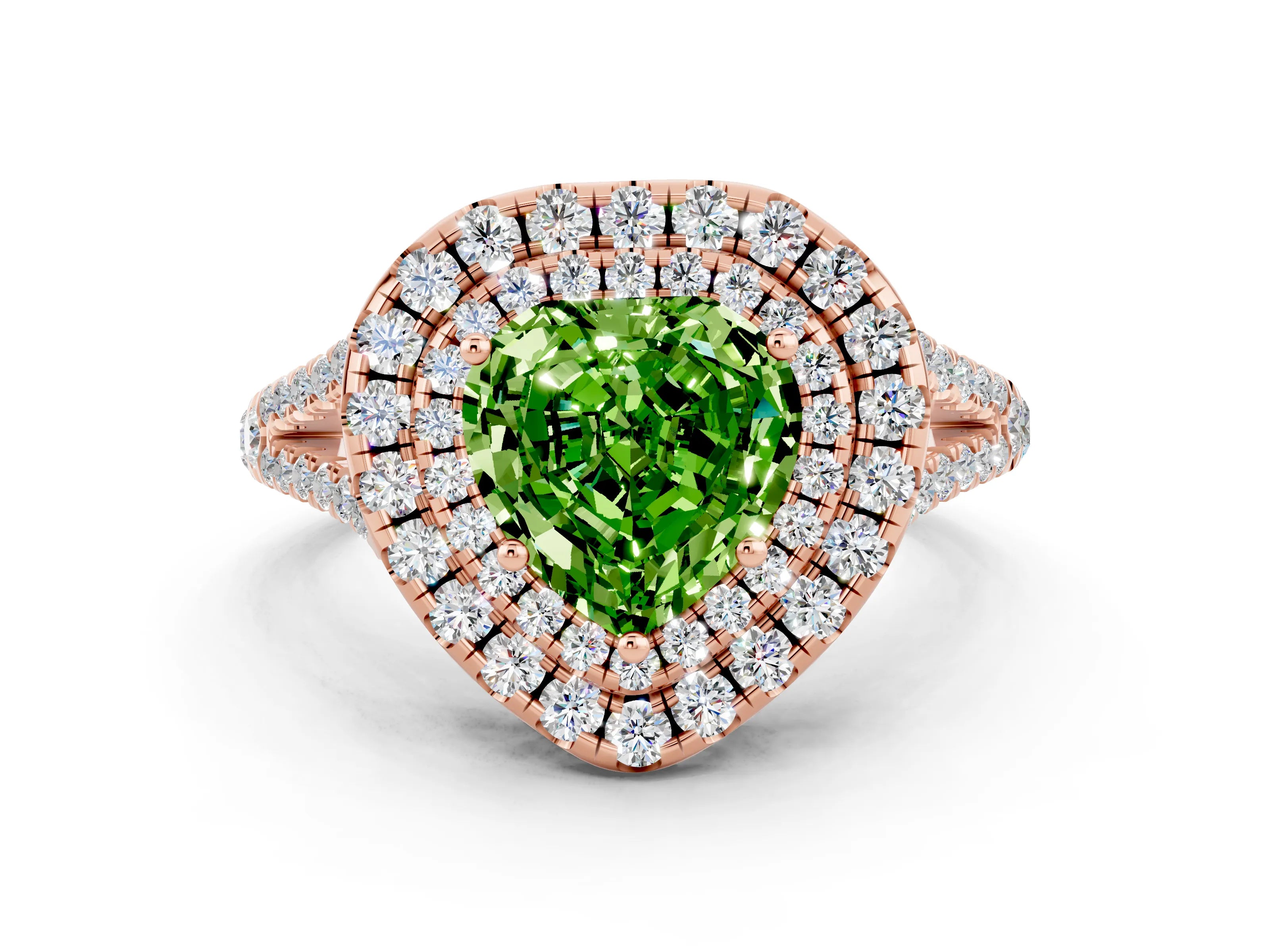 Rose gold Heart Cut Peridot Double Halo Ring with Pavé Band and Prong Setting_12