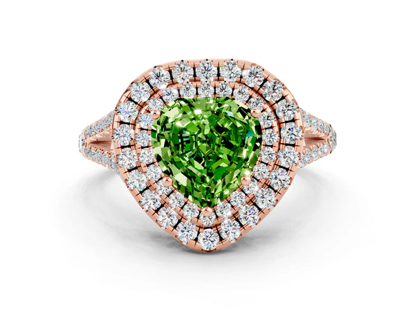 Rose gold Heart Cut Peridot Double Halo Ring with Pavé Band and Prong Setting