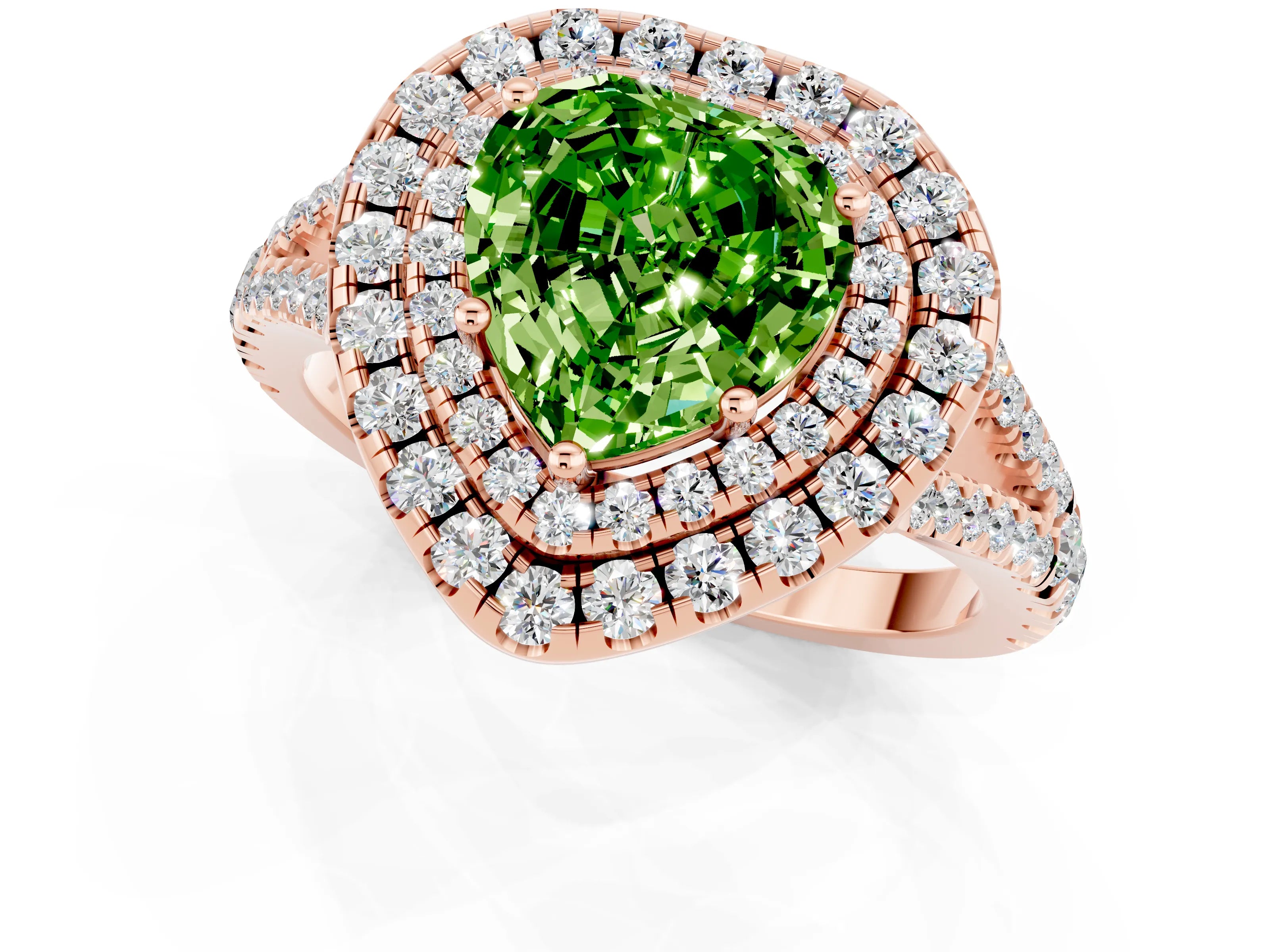 Rose gold Heart Cut Peridot Double Halo Ring with Pavé Band and Prong Setting_13