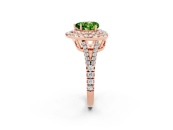 Rose gold Heart Cut Peridot Double Halo Ring with Pavé Band and Prong Setting