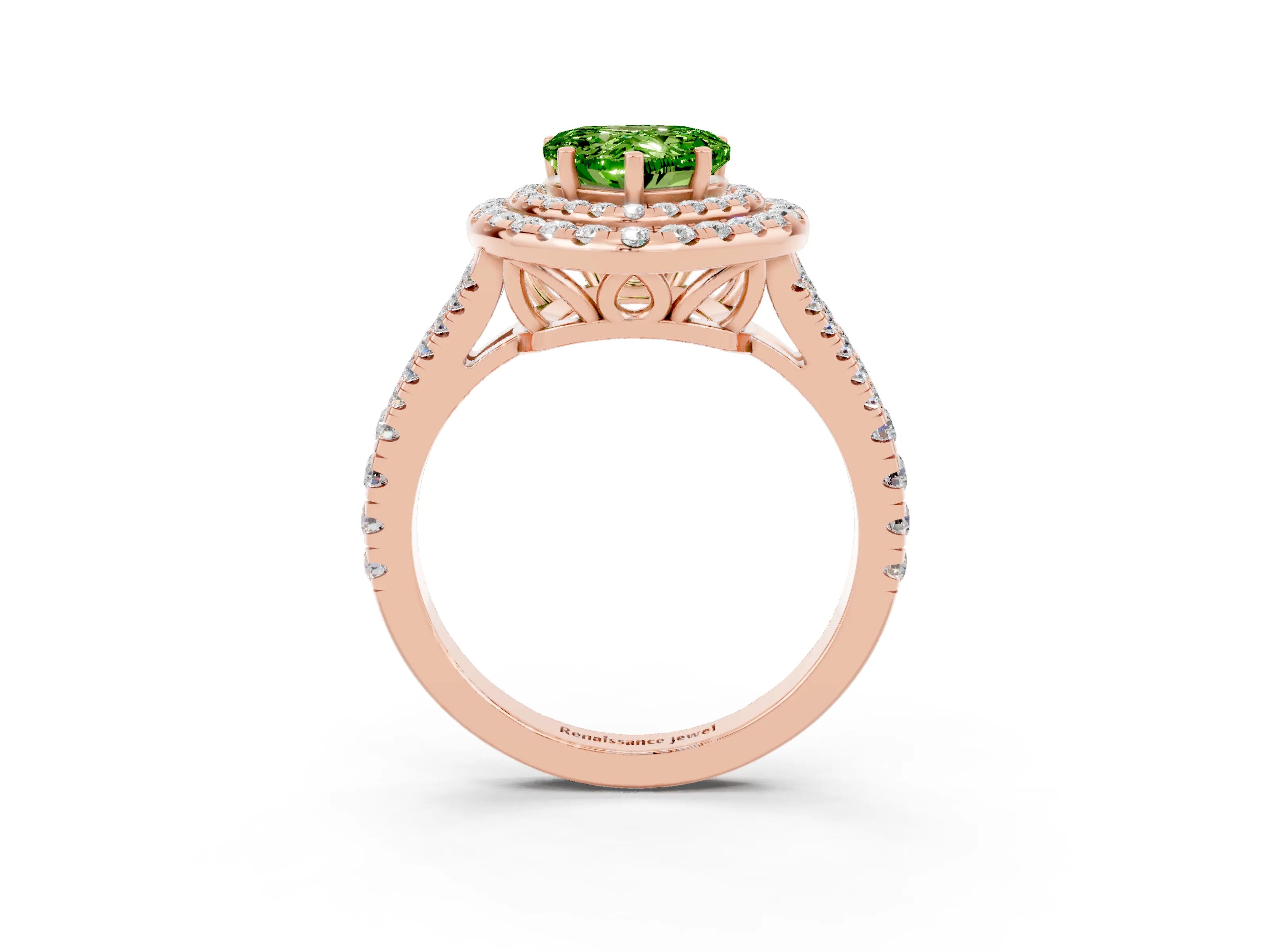 Rose gold Heart Cut Peridot Double Halo Ring with Pavé Band and Prong Setting_15