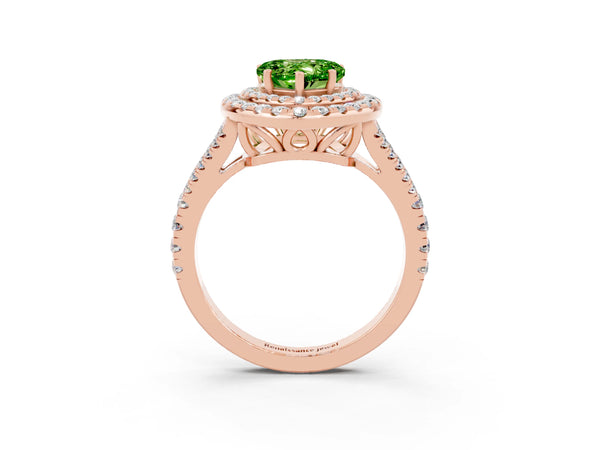 Rose gold Heart Cut Peridot Double Halo Ring with Pavé Band and Prong Setting